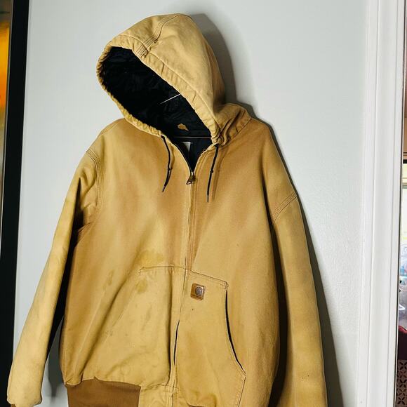 CARHARTT Brown Canvas Hooded Black Quilted Lining Bomber Work Jacket Size XL - Picture 3 of 11